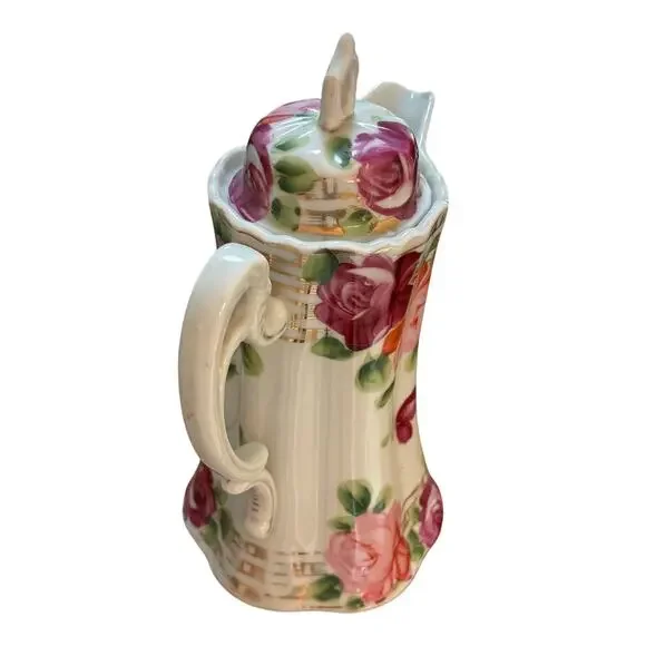 Vintage Hand Painted coffee tea pot & lid white porcelain pink & red roses